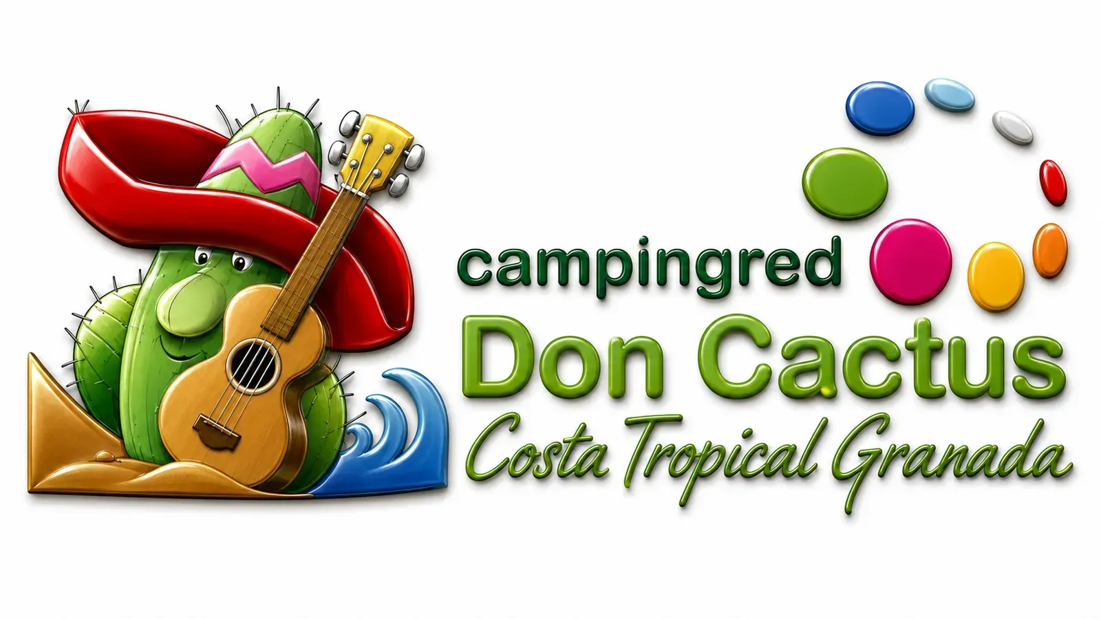 Logotipo de Campingred Don Cactus Costa Tropical Granada con cactus, guitarra y sombrero rojo.