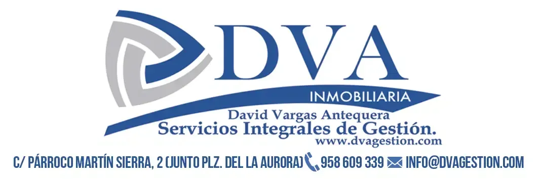 Logotipo de DVA Inmobiliaria con icono de vela azul y texto en español para servicios de gestión integral