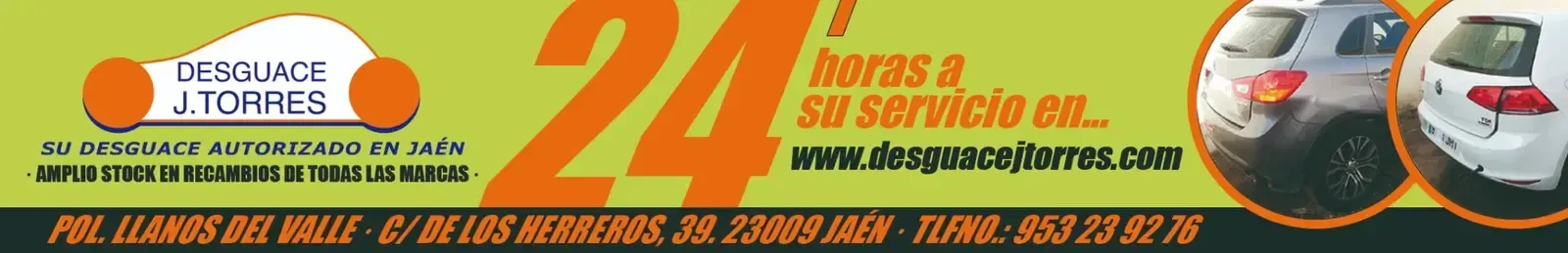 Pancarta promocional naranja de un servicio de almacenamiento, con dos vehículos plateados a la derecha y el texto en negrita