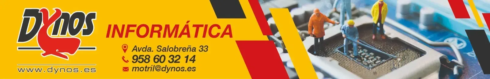 Banner de DYROS Informática en amarillo y rojo, con imágenes de reparación de portátiles y ordenadores.