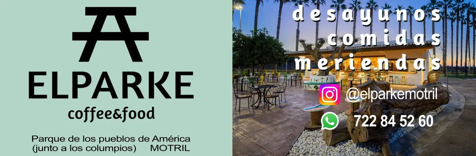Logotipo de ELPARKE coffee food con texto promocional en español e información de contacto de WhatsApp sobre un fondo turquesa.