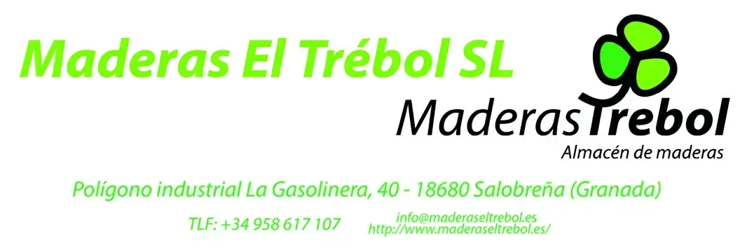 Logo de Maderas El Trébol SL en verde y negro, con trébol verde y texto de contacto pequeño.