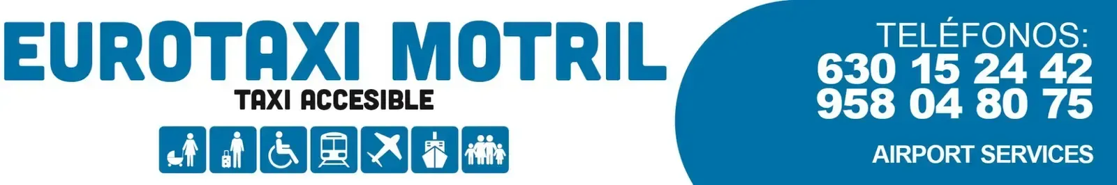 Banner azul de EuroTaxi Motril con el emblema de la compañía de taxis, números de teléfono y texto sobre los servicios del aeropuerto.