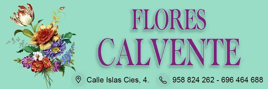 Letrero de floristería con flores en tonos pastel y el texto “FLORES CALVENTE” sobre un fondo menta.