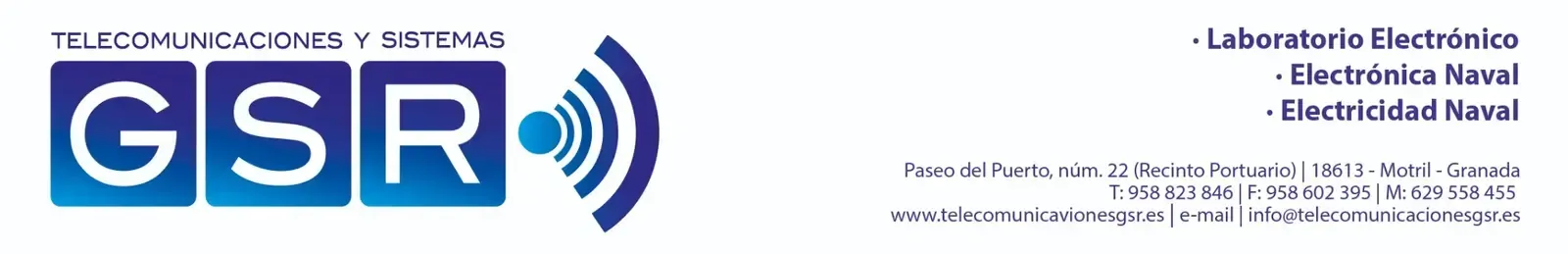 Logotipo de GSR con icono de señal inalámbrica azul y pequeño texto de laboratorio sobre un fondo blanco.