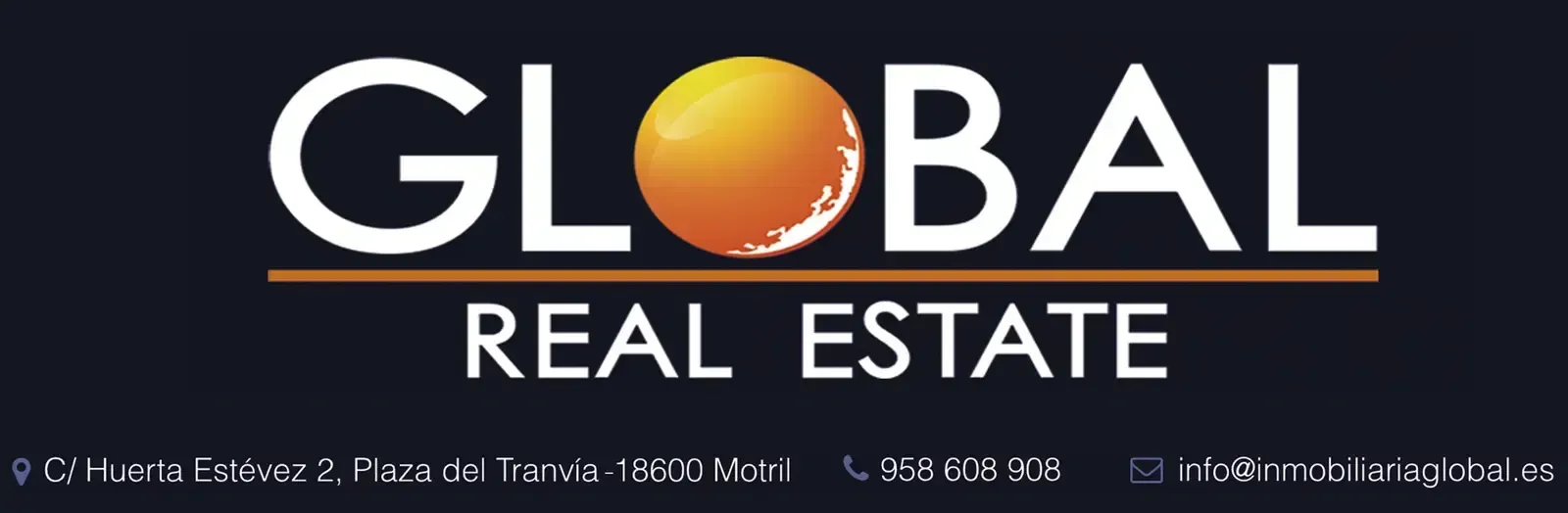 Logotipo de Global Real Estate en blanco y naranja sobre fondo azul oscuro con información de contacto a continuación.