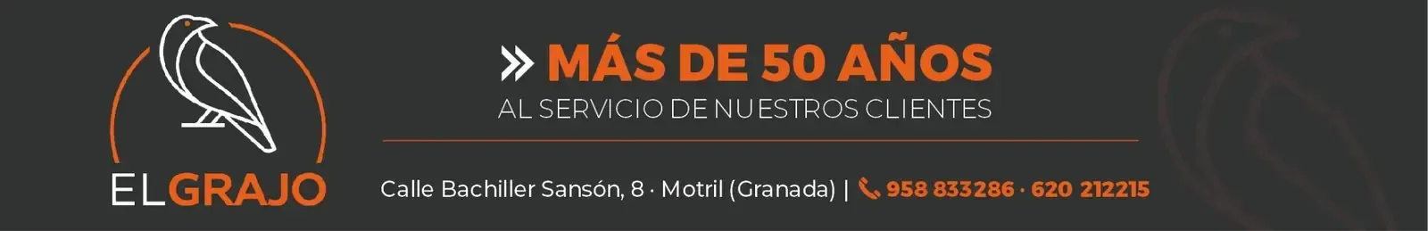 Logotipo de EL GRAJO con un pájaro dibujado a mano, “Más de 50 años” y un número de teléfono naranja sobre un fondo oscuro.