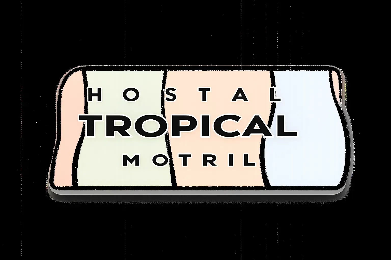 Logotipo vintage tropical de Motril sobre un fondo de rayas crema y negras con texto negro en negrita y una pequeña forma rosa.