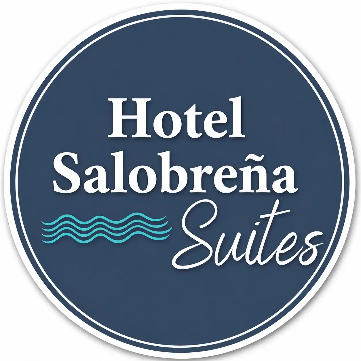 Logotipo del Hotel Salobreña Suites en blanco sobre una insignia azul oscuro con líneas onduladas.