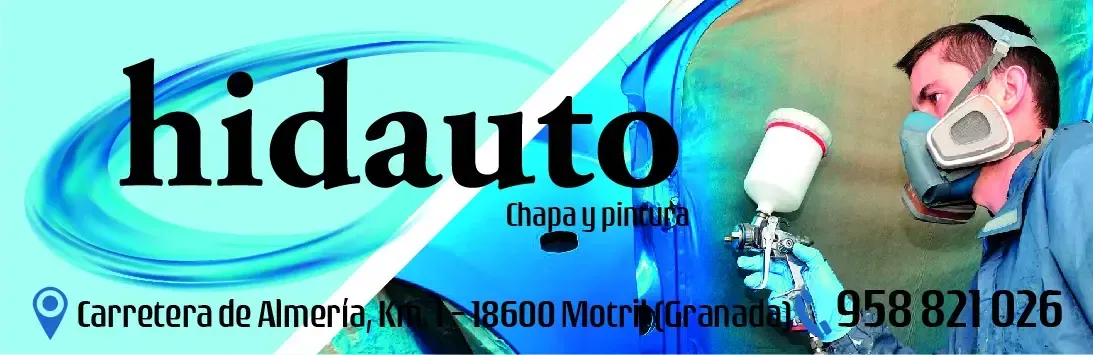 Logotipo de Hidauto sobre fondo azul con un técnico que lleva una mascarilla respiratoria, una pistola de pintura y datos de contacto.