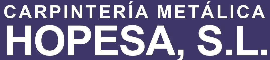 Logotipo con texto blanco que dice “CARPINTERÍA METÁLICA HOPESA, SL” sobre un fondo azul
