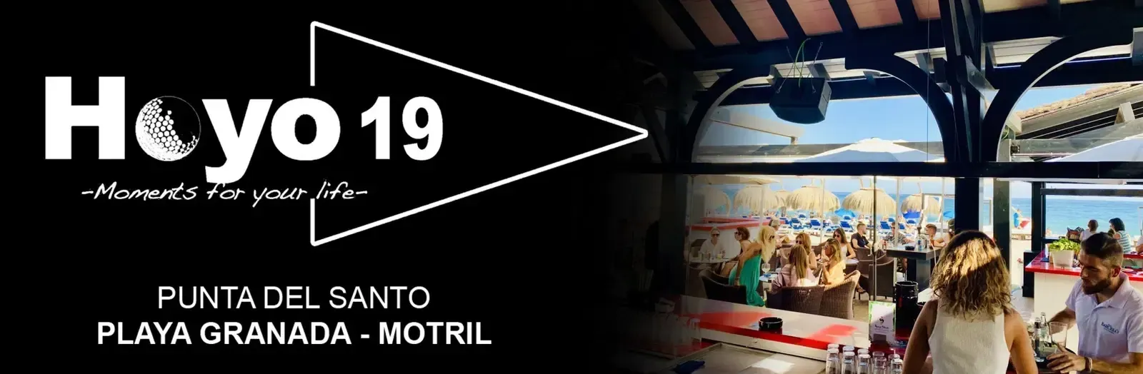 Logotipo de Hovo 19 junto a una escena de una multitud en una iglesia con el texto “Punta del Santo, Playa Granada, Motril”.