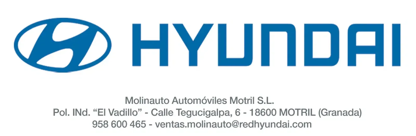 Logotipo azul de Hyundai con la dirección de la empresa y los datos de contacto sobre un fondo blanco.