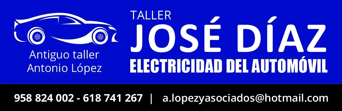 Tarjeta de presentación azul del taller de electricidad automotriz José Díaz, con icono de automóvil, números de teléfono y correo electrónico.