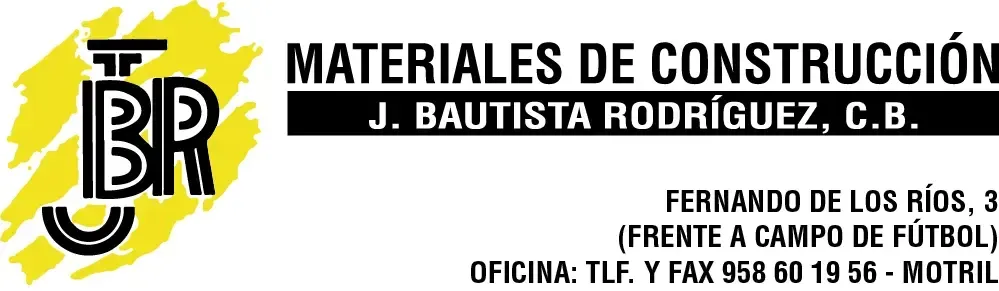 Logo de “Materiales de Construcción J. Bautista Rodríguez, C.B.” con datos de contacto y dirección.