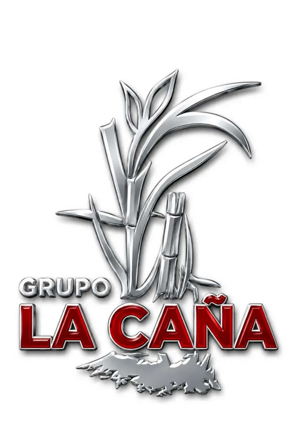 Logotipo de Grupo La Caña con caña de azúcar plateada estilizada y texto rojo sobre fondo blanco.