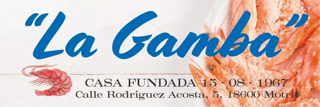 Logotipo del restaurante de mariscos “La Gamba” con letras azules y camarones rojos.