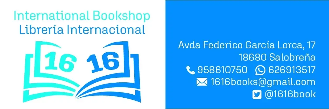 Logotipo de la librería internacional con un libro abierto y datos de contacto sobre una pancarta azul.