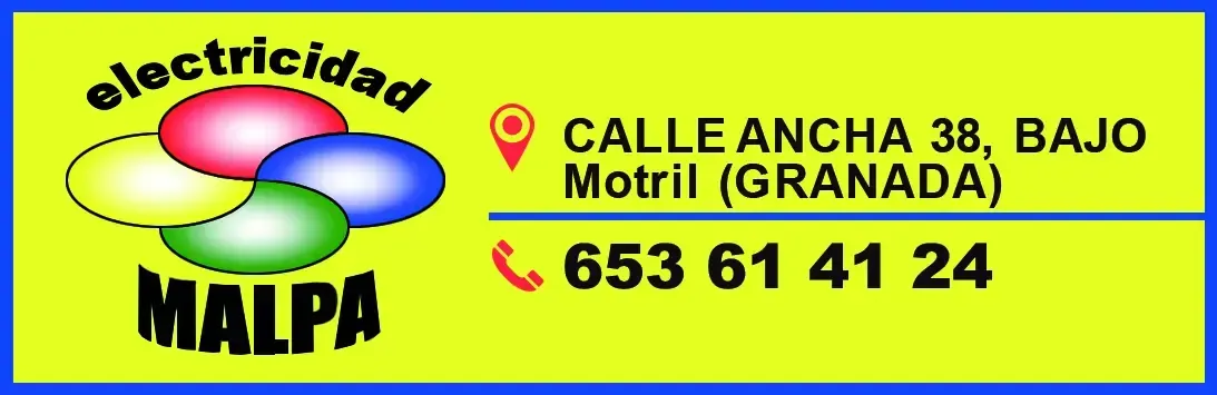 Logo de electricidad MALPA con datos de contacto: Calle Ancha 38, Bajo, Motril (Granada) y 653 61 41 24