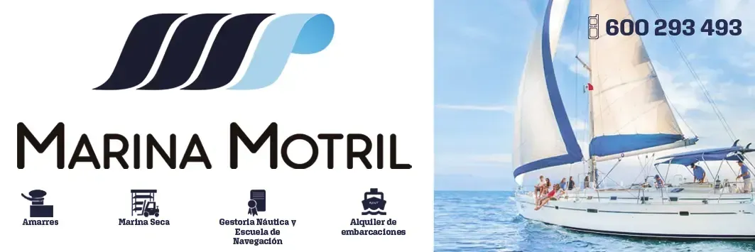 Logotipo de Marina Motril con un velero, olas azules, número de teléfono y un velero en el mar.