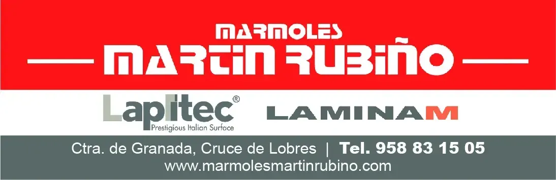 Banner rojo para Mármoles Martín Rubio, con los logotipos de Lapitec y Laminam e información de contacto.