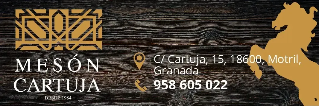 Logotipo de Mesón Cartuja sobre fondo de madera oscura con dirección y número de teléfono en texto blanco y dorado.