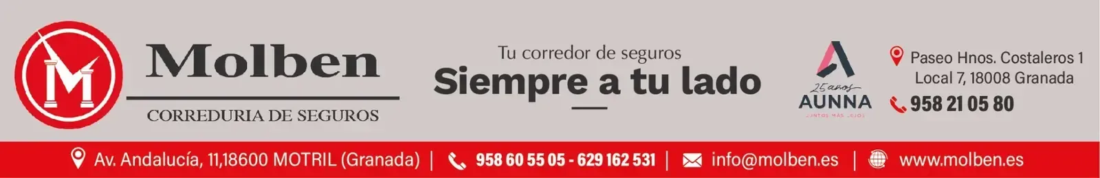 Pancarta roja y negra de Molben con logotipo, eslogan “Siempre a tu lado” e información de contacto sobre fondo blanco.