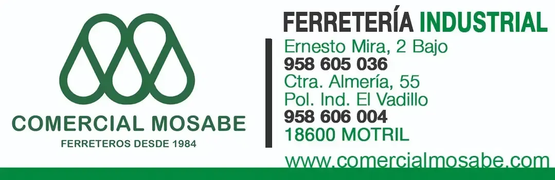 Tarjeta de presentación de Comercial Mosabe, de color verde y blanco, con dirección, números de teléfono y sitio web.