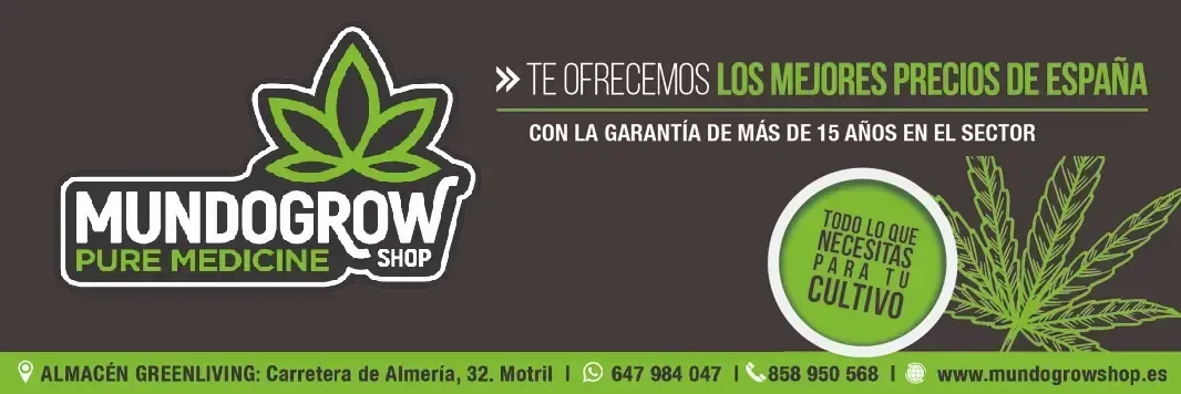 Banner de Mundogrow Pure Medicine con hojas de cannabis y texto promocional en español sobre fondo verde.