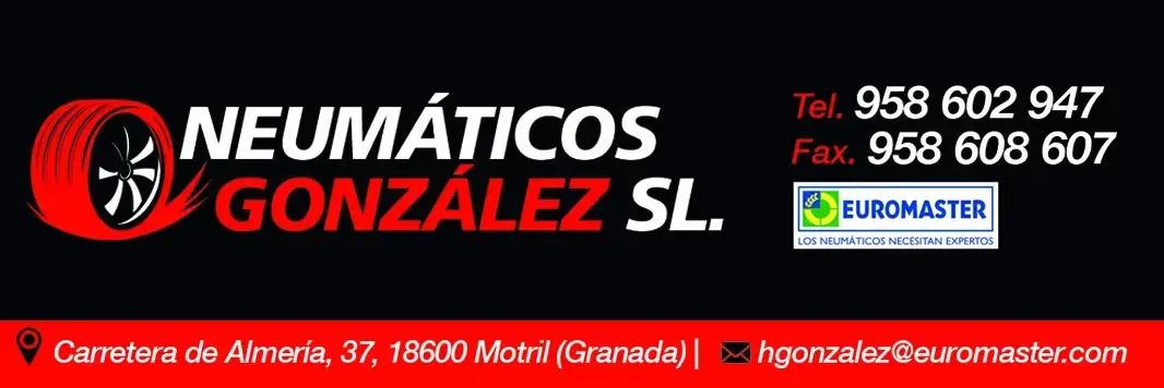 Banner rojo y negro de Neumáticos González SL con teléfono, WhatsApp y ubicación de Carmona, Sevilla.
