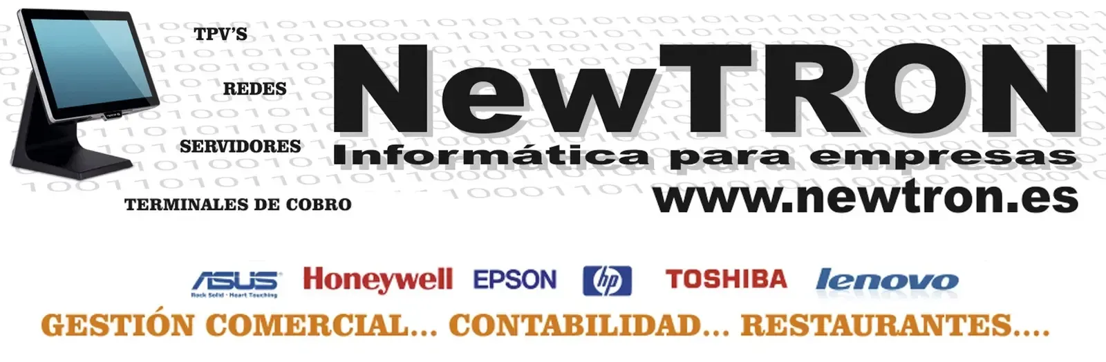Banner de la empresa de computadoras NewTRON con logotipo de computadora portátil, nombres de marca, sitio web y eslogan naranja sobre fondo blanco.