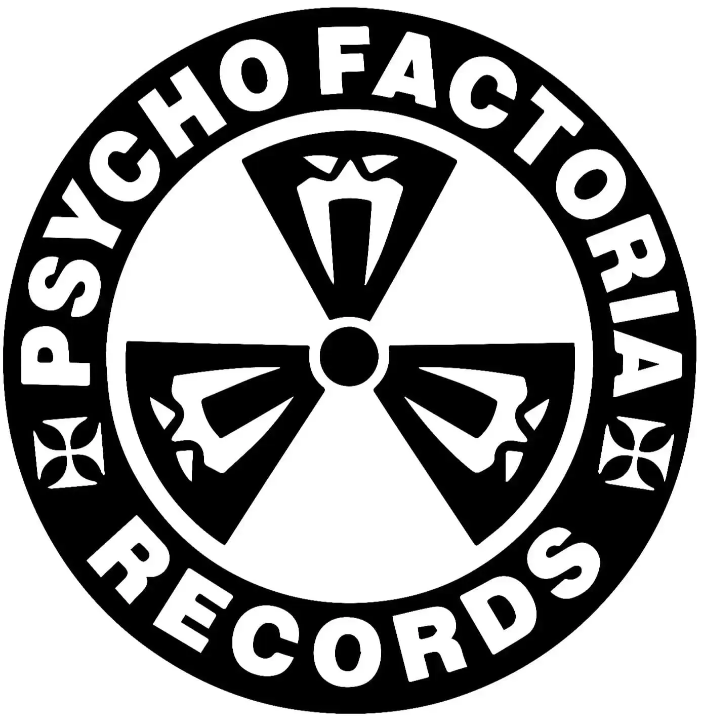 Logotipo en blanco y negro de Psychofactoria Records con texto circular y tres símbolos triangulares.