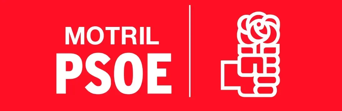 Logotipo rojo de PSOE con “MOTRIL” y un emblema de una rosa y un puño blancos sobre un fondo rojo.