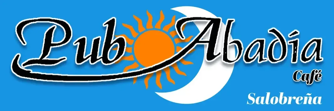 Logotipo del café Pub Abadía sobre fondo azul con sol y franja blanca.