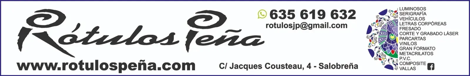 Logo de Rotulos Peña con teléfono, web y dirección sobre fondo blanco.