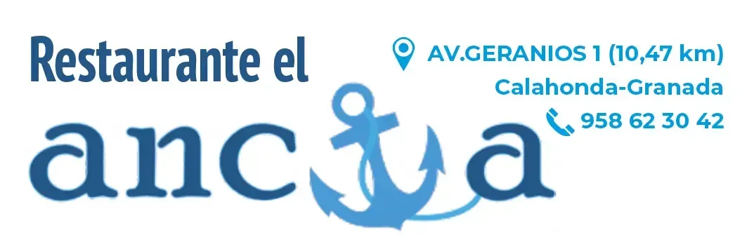 Logotipo del Restaurante El Ancora con ancla azul e información de contacto sobre fondo blanco.