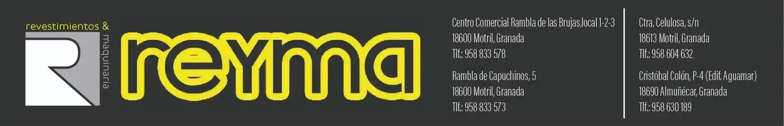 Logotipo negro de Reyma sobre un fondo oscuro con un pequeño texto blanco de contacto a la derecha.
