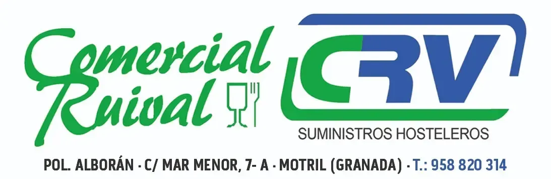 Logo de Comercial Ruival y GRV, con texto de alimentación y hostelería en verde y azul.