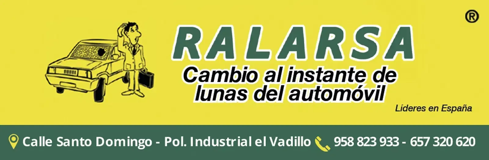 Pancarta amarilla del servicio de lavandería RALARSA con logotipo, eslogan, dirección, número de teléfono e ilustración de un coche.