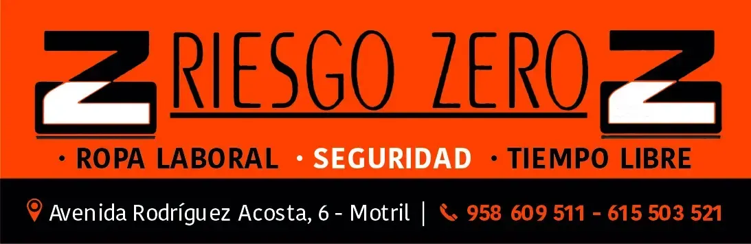 Pancarta negra y naranja de “Riesgo Zero” con texto sobre seguridad, trabajo e invierno, además de datos de contacto.