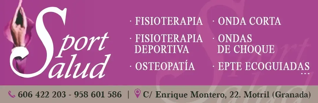 Banner rosa de la clínica “Sport Salud” con texto blanco que enumera los servicios de fisioterapia, osteopatía, láser, acupuntura y electroterapia.