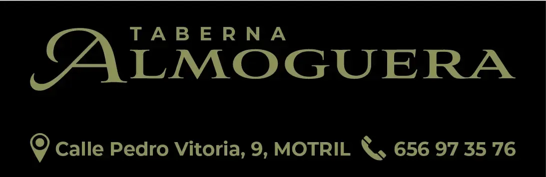 Logotipo de Taberna Almoguera con dirección en Motril, fondo negro y letras doradas.