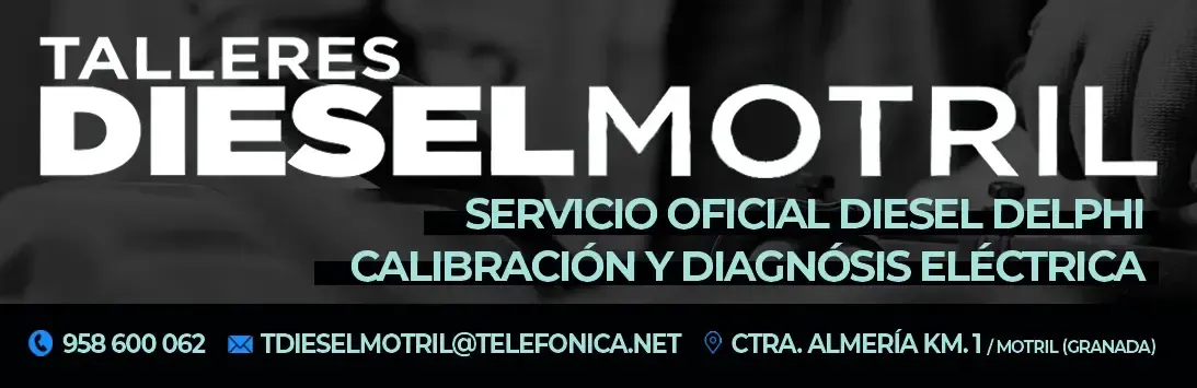 Banner para Talleres Dieselmotri, servicio oficial de Delphi diésel y reparación de aire acondicionado para automóviles en texto blanco sobre fondo negro.