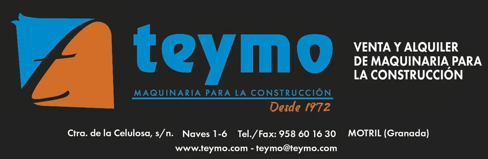 Banner de Toymó Construction Services sobre fondo azul, con logotipo de vela naranja y datos de contacto en español.