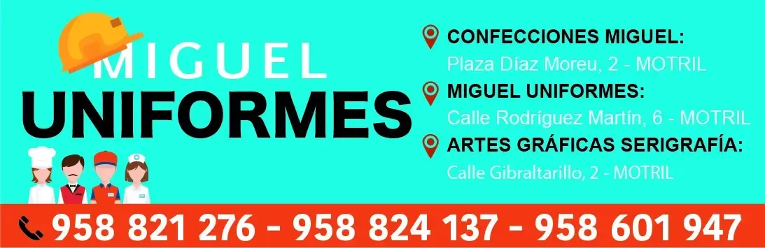 Anuncio de Miguel Uniformes sobre fondo turquesa con logotipo, servicios y tres números de teléfono.