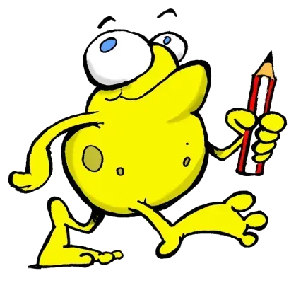 Personaje amarillo de dibujos animados caminando mientras sostiene un lápiz rojo y sonríe.