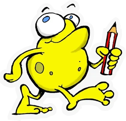 Rana amarilla de dibujos animados sosteniendo un lápiz rojo, caminando con una sonrisa peculiar y los ojos muy abiertos.