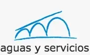 Logo de “aguas y servicios” con arcos azules sobre una línea azul y texto negro.