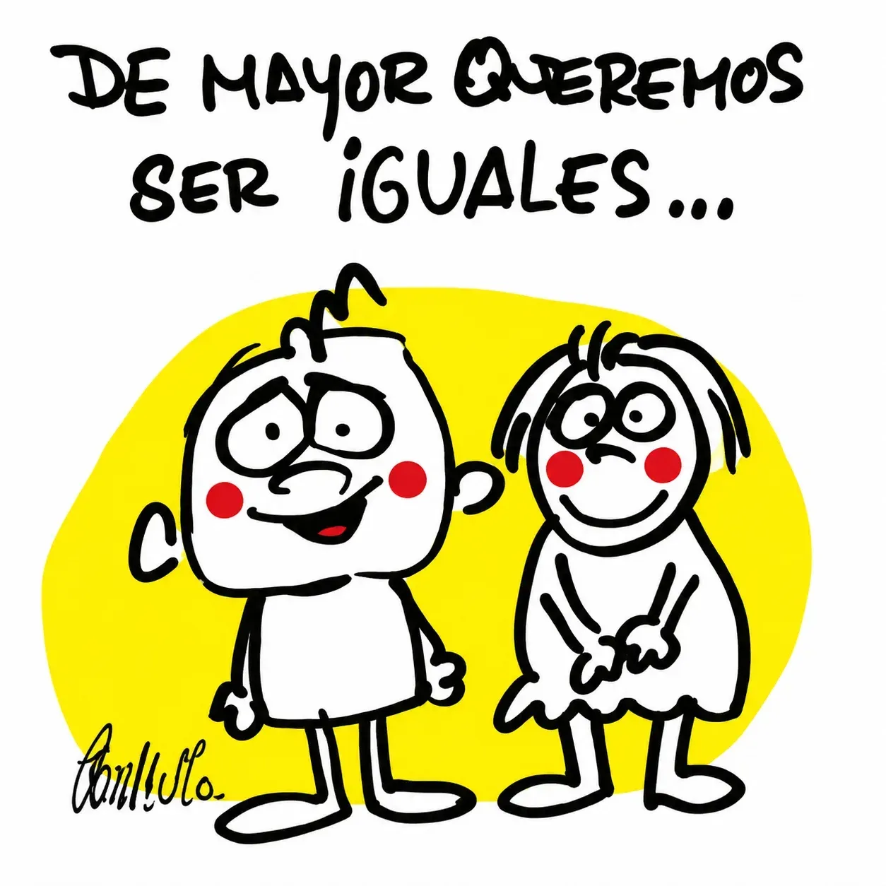 Niña de dibujos animados con lazo rosa y cabello amarillo junto a una pizarra que dice “TICIA y sus amigos del cole”.
