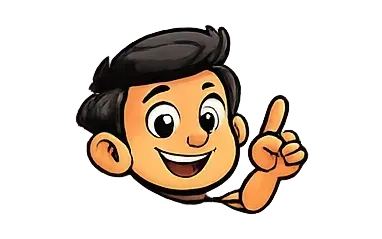 Niño sonriente de dibujos animados con cabello negro señalando hacia arriba con un dedo